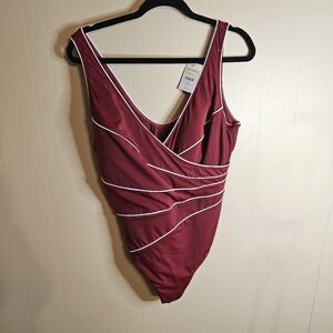 DELIMIRA Women's Slimming Swimwear One Piece Piped Burgundy 16 Plus